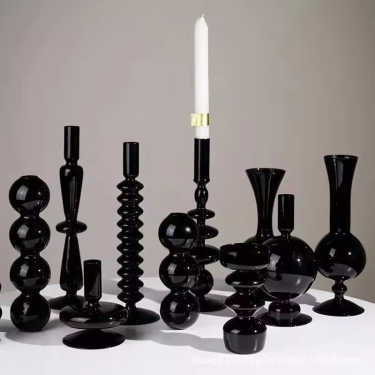 Luxury large candle glass vessel customized black hand blown glass candle holders nordic style Borosilicate glass pillar candle holder