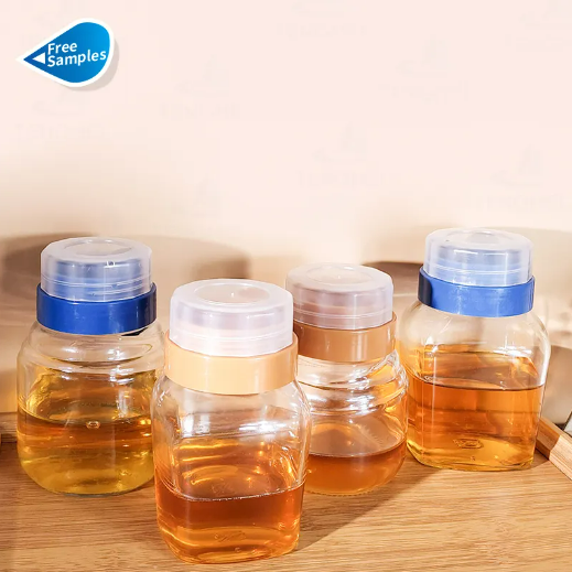 New Arrival 250ml 350ml Glass Honey Jam Syrup Jars Honey Glass Bottles with Plastic Leak-Proof Pour Spout