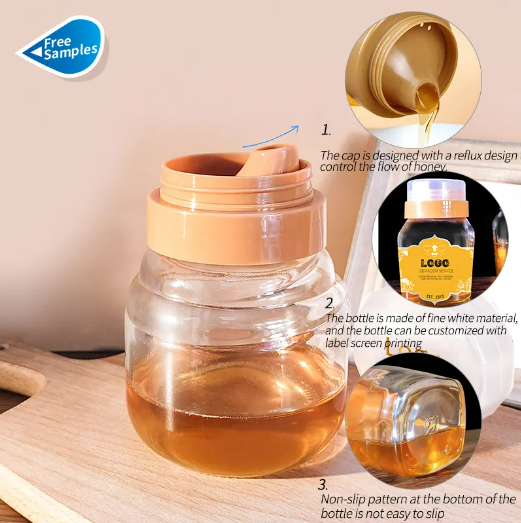 New Arrival 250ml 350ml Glass Honey Jam Syrup Jars Honey Glass Bottles with Plastic Leak-Proof Pour Spout