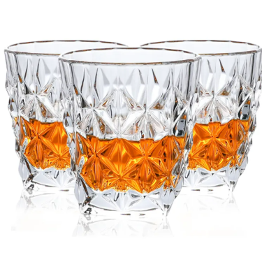 Free Sample Heavy Base Embossed Creative Diamond Transparent Glasses Whisky Crystal Engraved Liquor Drinking Whiskey Glass Cups