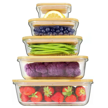 Eco Friendly Heat Resistant Microwavable Glass Food Storage Containers with Bamboo Lids