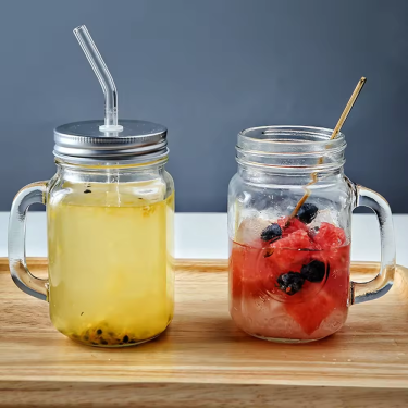 Free Sample Drinking 16oz 500ml Regular Mouth Glass Cups Glass Mason Jar with Handle Glass Mason Jar with Lid and Straw