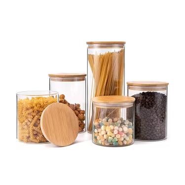 Manufacture Glass Storage Jar Bottles High Borosilicate Glass Round Jars With Bamboo Wooden Lids