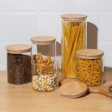 Manufacture Glass Storage Jar Bottles High Borosilicate Glass Round Jars With Bamboo Wooden Lids