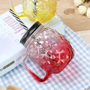 Custom color 480ml pineapple shaped embossing ice cold drink glass mason jar beverage glass bottle with handle