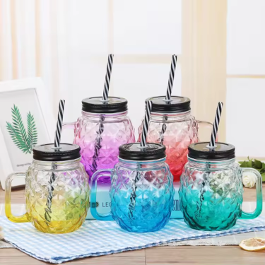 Custom color 480ml pineapple shaped embossing ice cold drink glass mason jar beverage glass bottle with handle