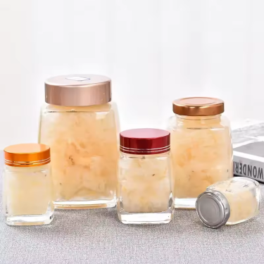 Wholesale High Quality 80ml 120ml 180ml 380ml 750ml High White Square Thick Bottom Honey Jam Cubilose Glass Jar With Lid