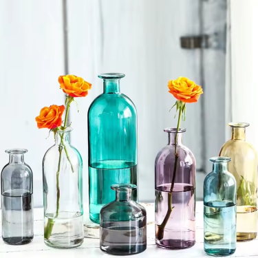 Customized color transparent glass vase small mouth hydroponic flower arrangement pot belly bottle vase in bulk