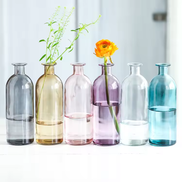 Customized color transparent glass vase small mouth hydroponic flower arrangement pot belly bottle vase in bulk