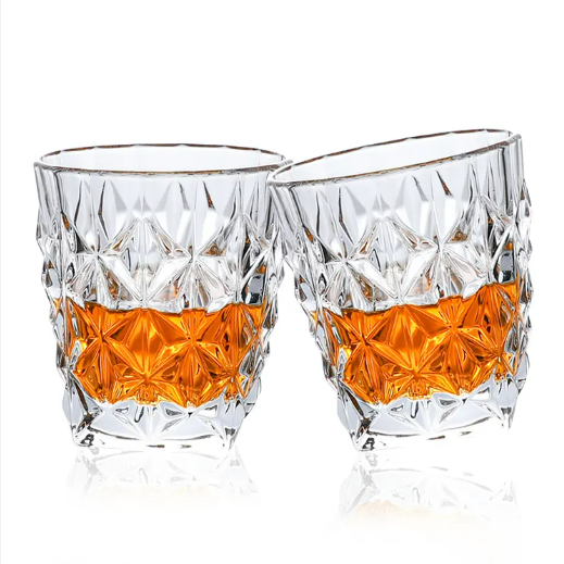 Free Sample Heavy Base Embossed Creative Diamond Transparent Glasses Whisky Crystal Engraved Liquor Drinking Whiskey Glass Cups