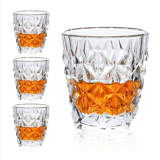 Free Sample Heavy Base Embossed Creative Diamond Transparent Glasses Whisky Crystal Engraved Liquor Drinking Whiskey Glass Cups