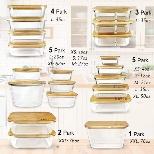 Eco Friendly Heat Resistant Microwavable Glass Food Storage Containers with Bamboo Lids