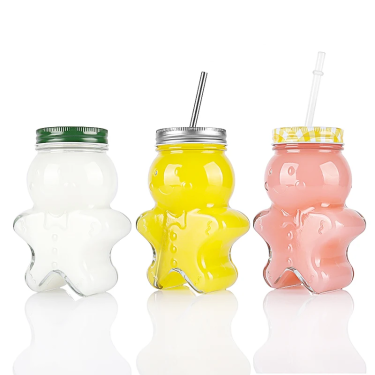 500ml Transparent Empty Gingerbread Biscuit Man Shape Glass Drinking Bottle With Lid For Juice Milk Maple Syrup Kombucha Fruit Tea Ice Coffee