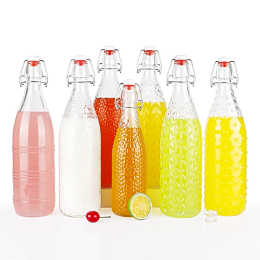 High Quality 500ml 1000ml Clear Unique Embossed Drink Beer Wine Water Bottles Glass Swing Top Bottle with Airtight Stopper Cap