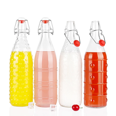 High Quality 500ml 1000ml Clear Unique Embossed Drink Beer Wine Water Bottles Glass Swing Top Bottle with Airtight Stopper Cap