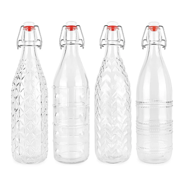 High Quality 500ml 1000ml Clear Unique Embossed Drink Beer Wine Water Bottles Glass Swing Top Bottle with Airtight Stopper Cap