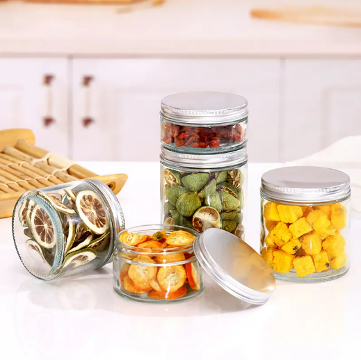 Wholesale round Straight wall 100ml 150ml 250ml 500ml kitchen food storage sealed glass jar with screw cap ﻿