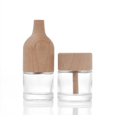 Customized 50ml perfume glass packaging reed diffuser bottle with wooden lid