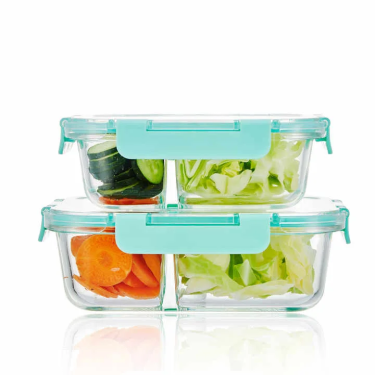 Wholesale 580ml,980ml,1380ml Clear Empty Square Glass Lunch Box Divider Airtight Glass Food Container