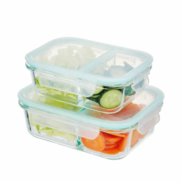 Wholesale 580ml,980ml,1380ml Clear Empty Square Glass Lunch Box Divider Airtight Glass Food Container