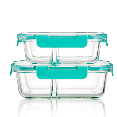 Wholesale 580ml,980ml,1380ml Clear Empty Square Glass Lunch Box Divider Airtight Glass Food Container