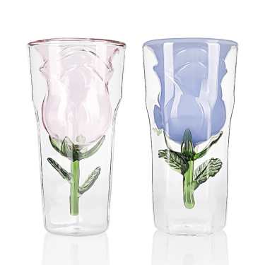 Luxury Custom Colors Creative Flower Shaped Glass Unique High Borosilicate Glass Cups Rose Inside Glass Bottles for Custom Double-Walled Glasses