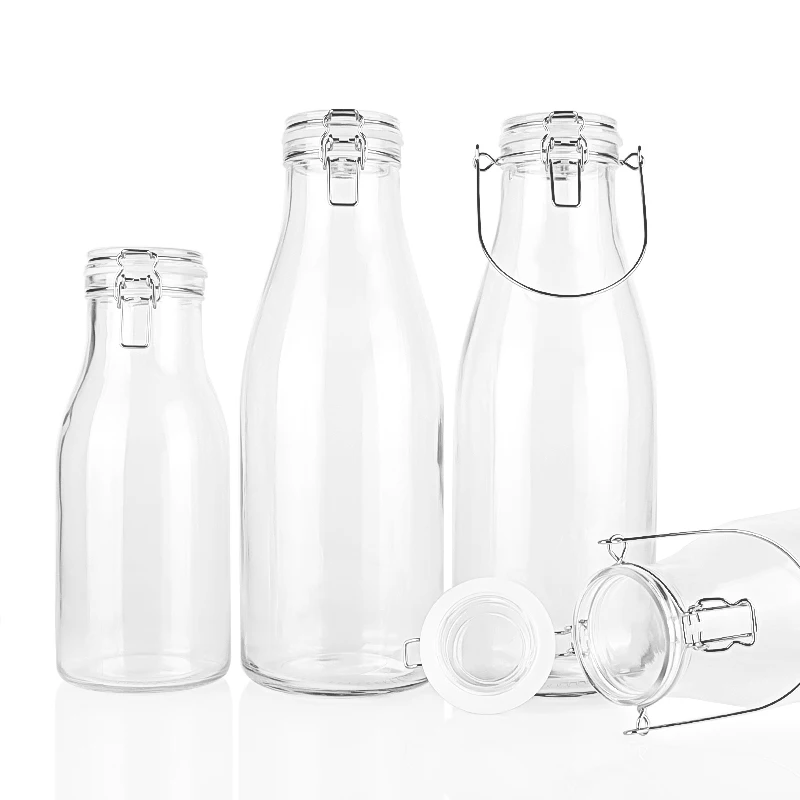 High Quality Refillable Clear Glass Beverage Bottle 1100ml 2000ml with Swing Top Lids Stainless steel Clasp and Handle