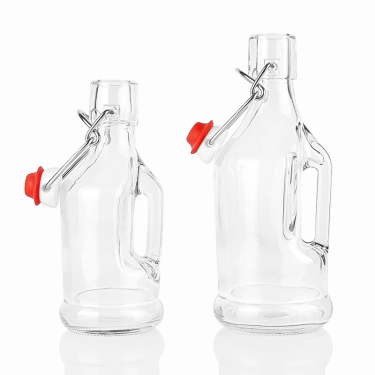 High Quality 200ml 350ml Transparent Empty Small Airtight Sealed Glass Bottle With Easy Swing Cap and Handle For Beverage Juice Beer Vodka Whiskey Oil