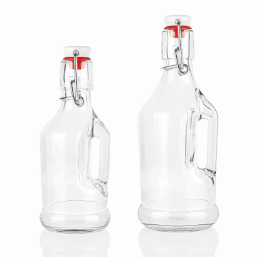 High Quality 200ml 350ml Transparent Empty Small Airtight Sealed Glass Bottle With Easy Swing Cap and Handle For Beverage Juice Beer Vodka Whiskey Oil