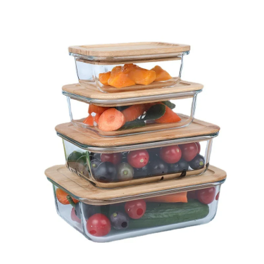 Wholesale Microwave Dishwasher Safe Airtight Glass Food lunch box Glass Food Storage Containers with Bamboo Lids
