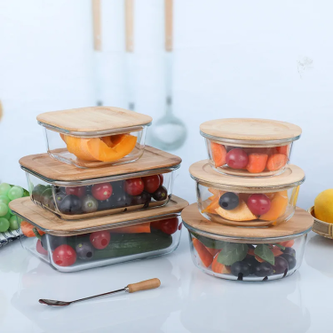 Wholesale Microwave Dishwasher Safe Airtight Glass Food lunch box Glass Food Storage Containers with Bamboo Lids