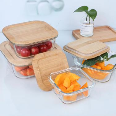 Wholesale Microwave Dishwasher Safe Airtight Glass Food lunch box Glass Food Storage Containers with Bamboo Lids