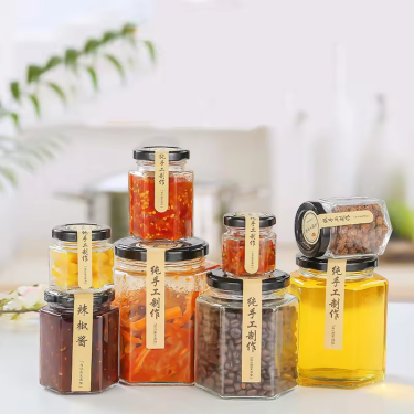 Wholesale 45ml to 730ml All Size Airtight Empty Food Storage Glass Containers Hexagon Honey Jam Sauce Jar with Lid