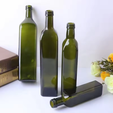 Wholesale Food Grade Olive Oil Packaging 250ml to1000ml Empty Square Shape Dark Green Cooking Olive Oil Vinegar Glass Bottle