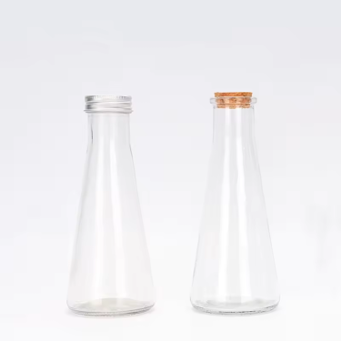 Manufacturer Wholesale Creative Conical Cold Foam Glass Bottles 350ml Clear Empty Beverage Juice Glass Bottle with Aluminum Cap or Cork