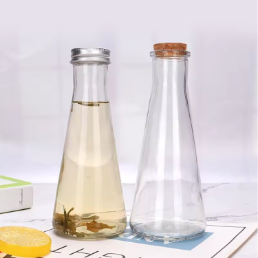 Manufacturer Wholesale Creative Conical Cold Foam Glass Bottles 350ml Clear Empty Beverage Juice Glass Bottle with Aluminum Cap or Cork