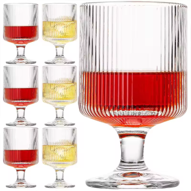 Customized Colors Transparent Vertical Stripe Goblet Glass Wine Cup Juice Dessert Ice Cream Cold Drink Food Grade Glass Mugs