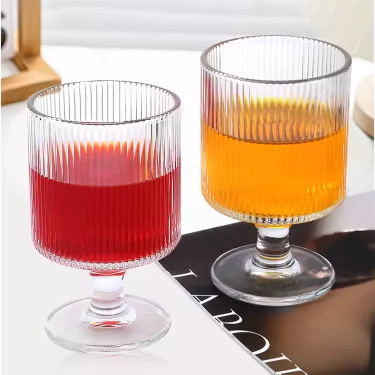 Customized Colors Transparent Vertical Stripe Goblet Glass Wine Cup Juice Dessert Ice Cream Cold Drink Food Grade Glass Mugs