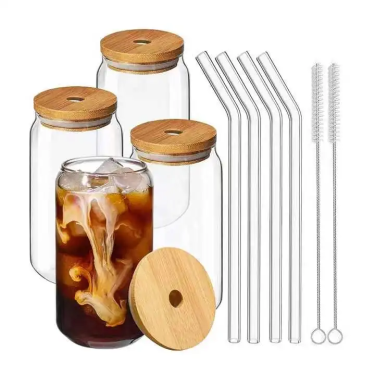 Wholesale high borosilicate Iced coffee beer glass bottles with bamboo lid and straw