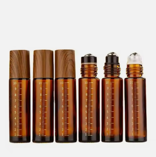 Custom Empty Amber Color 10ml Graduated Essential Oil roll on bottle With Wood Grain Cap