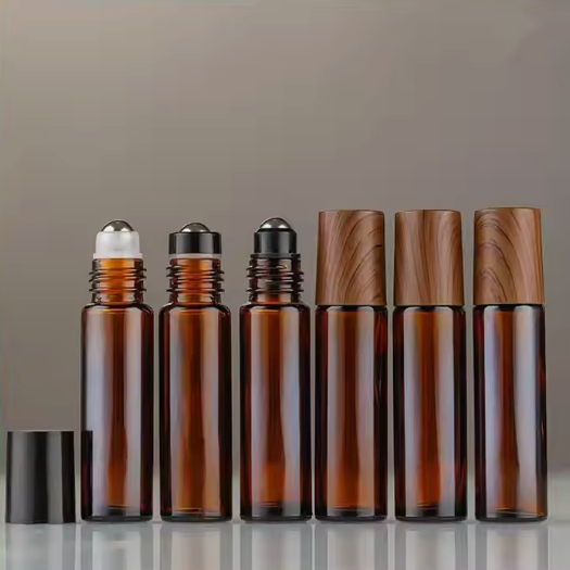 Custom Empty Amber Color 10ml Graduated Essential Oil roll on bottle With Wood Grain Cap