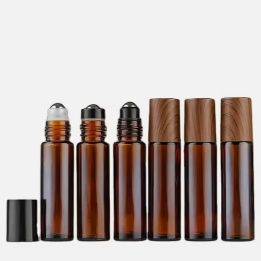 Wholesale Luxury Empty Amber blue 10ml Perfume Essential Oil Roll On Bottle With Wood Grain Cap