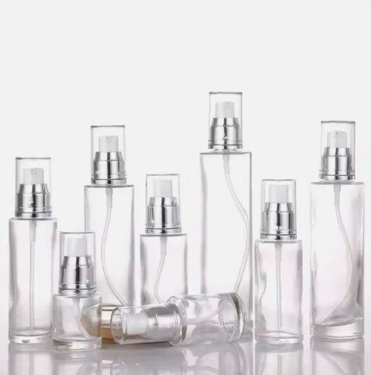 Wholesale luxury round skin care product packaging cosmetic glass lotion bottle with spray pump