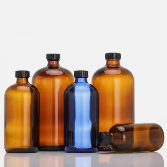 Wholesale 1/2OZ 1OZ 2OZ 4OZ 8OZ 16OZ 32OZ cosmetic amber boston round glass bottle for liquid medicine