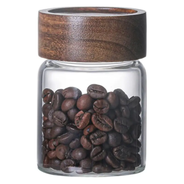 High Borosilicate Small Cylinder Coffee Beans Food Storage Glass Jar with Airtight Wooden Lid