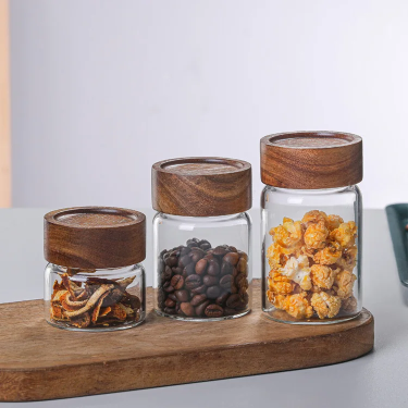 High Borosilicate Small Cylinder Coffee Beans Food Storage Glass Jar with Airtight Wooden Lid