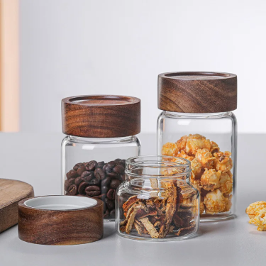 High Borosilicate Small Cylinder Coffee Beans Food Storage Glass Jar with Airtight Wooden Lid