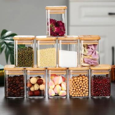 Wholesale BPA-free Square glass food storage jars with airtight bamboo lids