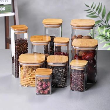 Wholesale BPA-free Square glass food storage jars with airtight bamboo lids