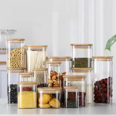 Wholesale BPA-free Square glass food storage jars with airtight bamboo lids